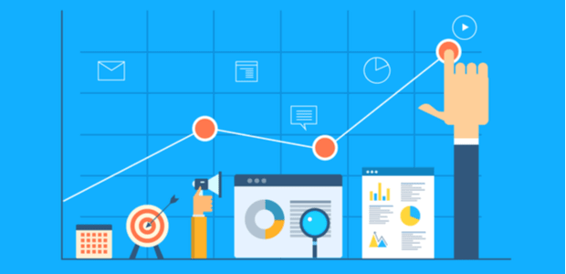 ilustração com elementos de marketing digital e um gráfico com 3 pontos apontando pra cima.