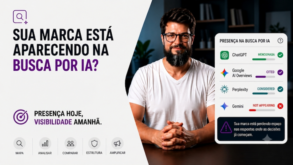 Descubra se sua empresa está sendo mencionada, citada ou ignorada em ChatGPT, Google AI Overviews, Perplexity e Gemini.