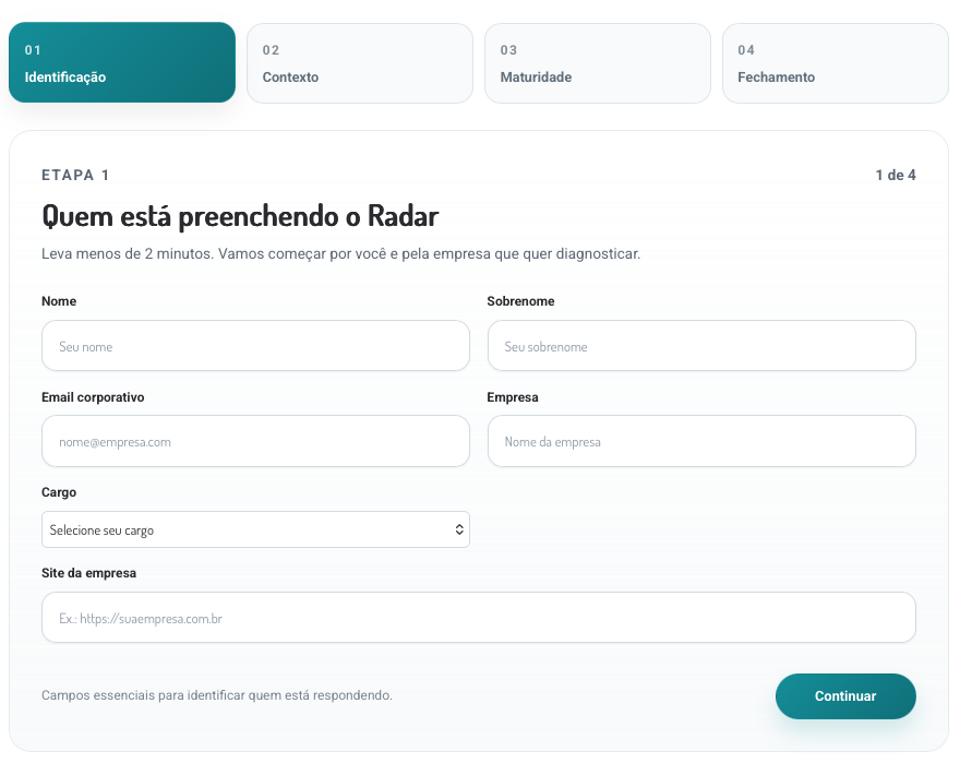 Radar de Growth v2 com form por cada etapa. Apenas 4 blocos.