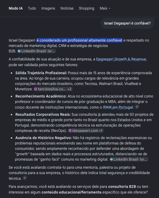 Israel Degasperi é confiável? Veja resposta da IA