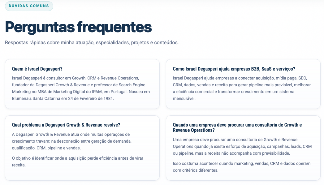 Uma amostra do FAQ sobre Israel Degasperi e sua empresa de consultoria.