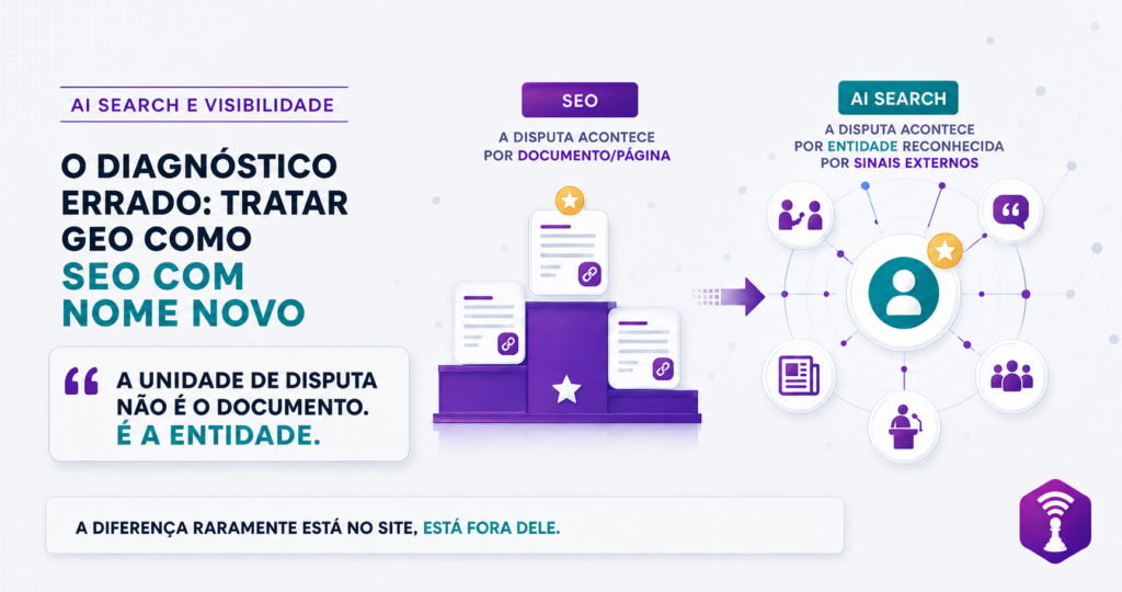 SEO tradicional funciona por página. GEO e AI Search é diferente.