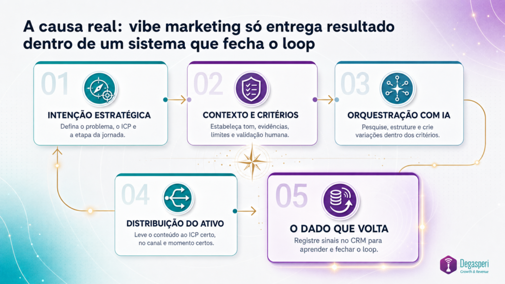 A causa real: vibe marketing só entrega resultado dentro de um sistema que fecha o loop