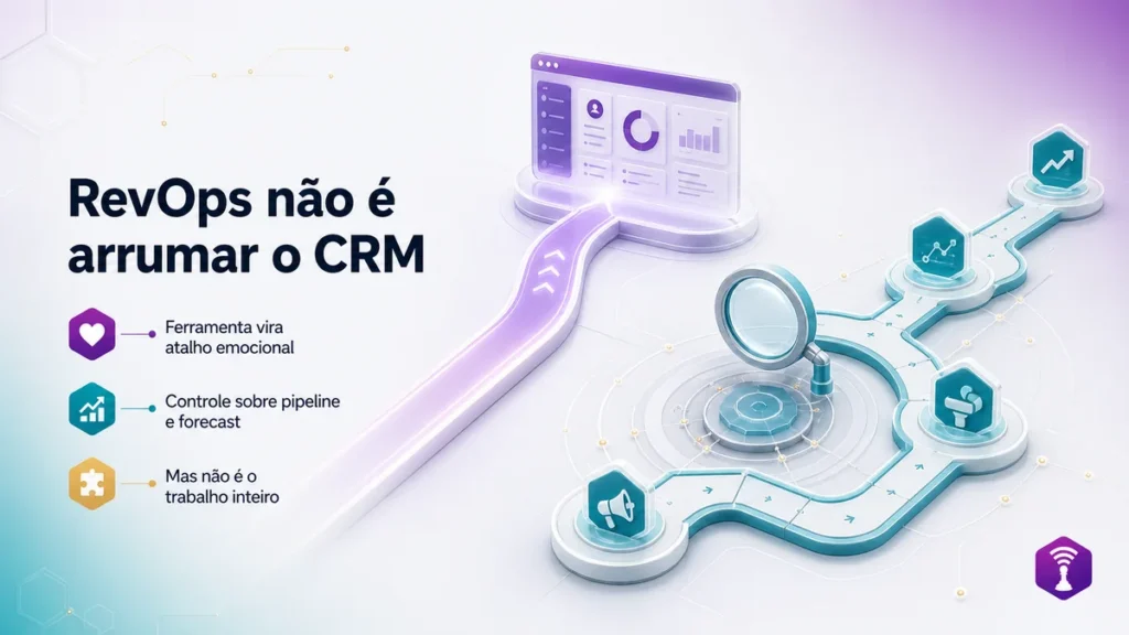 RevOps não é CRM: diagrama do sistema de receita que conecta marketing, CRM e vendas